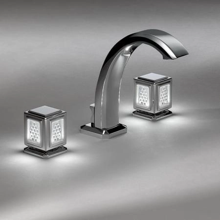 THG Métropolis cristal clair Смеситель для раковины на 3 отверстия, ручки с подсветкой, с донным клапаном, цвет: хром