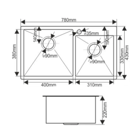 Мойка Melana ProfLine S7843HB 78x43 3,0/220 сатин графит 2-я чаша, врезная прямоугольная