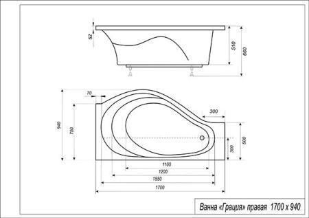 Ванна Эстет Грация 170х94 белая правая