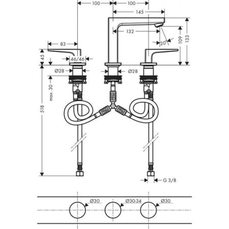 Hansgrohe 32514000 Metropol Смеситель для раковины 109 мм, на 3 отв., Push-Open, хром