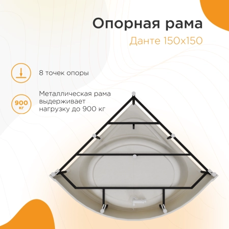 Ванна акриловая "ДАНТЕ 150х150", рама-подставка, фронтальная панель, слив-перелив автомат с сеточкой (хром, с сифоном)
