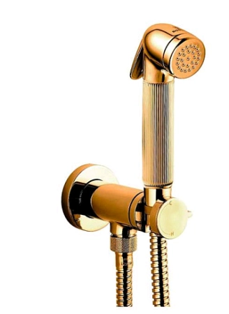 Bossini Nikita Mixer Set гигиенический комплект: смеситель прогрессивный, душ с кнопкой подачи воды, шланг 1250 мм, держатель с шланговым подключением, цвет золото