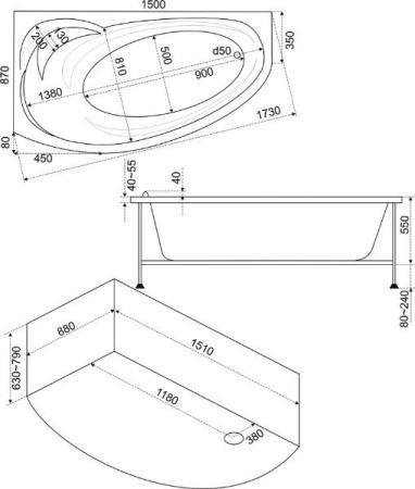 Ванна Bas Фэнтази 150x88 без гидромассажа левая