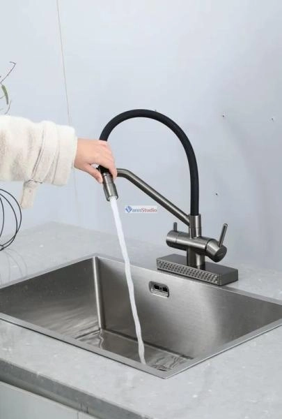 Смеситель для кухни Gappo G4098-9 с водопадом оружейная сталь