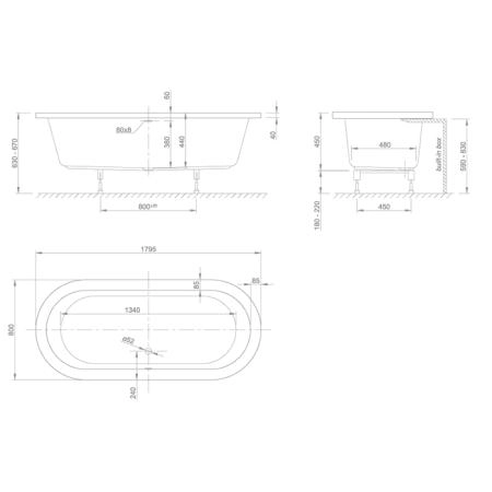 Knief Cool FIT Ванна овал 0400-082 встроенная 180x80x60см с ножками, в комплекте со сливом 0100-091-06 стандарт, цвет: белый