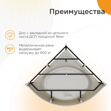 Ванна акриловая "ДАНТЕ 150х150", рама-подставка, фронтальная панель, слив-перелив автомат с сеточкой (хром, с сифоном)