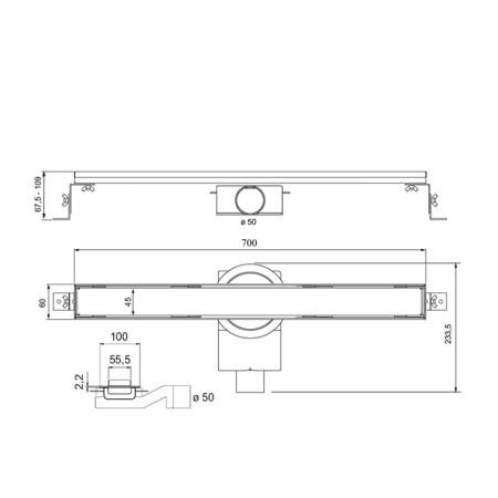 Plumberia Selection Трап душевой PS LINEAR 6x70 2устор. накладка из нерж.стали, комбинир.затвор с горизонт. Выпуском Ду 50мм,40л/мин, цвет: золото брашированная