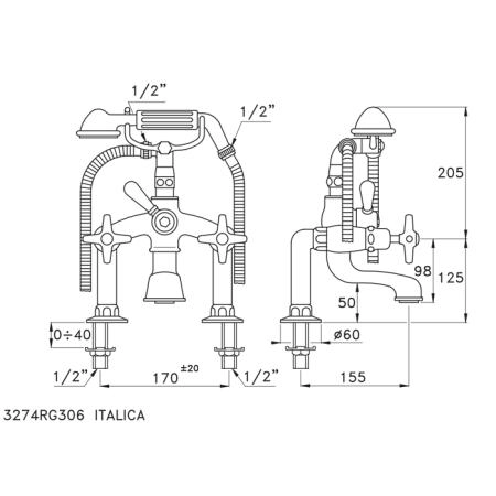 Stella Italica Смеситель на борт ванны на 2 отверстия 3274RG306 с ручным душем, цвет: хром