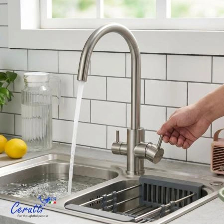 Cмеситель для кухни Ceruttispa Аниэлло BN (ANIELLO BN) из нержавеющей стали, цвет матовый никель