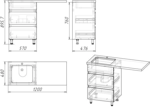 Тумба под стиральную машину Stella Polar Корделия 60, 2 ящ., ст/м., серая, Kamilla 120