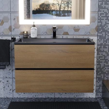 Тумба с раковиной Uperwood Barsa 80 см, раковина черная глянцевая, подвесная тумба черная/дуб сонома