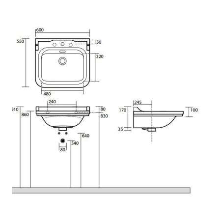 Kerasan Waldorf Раковина 60х55 см, 3 отв., керамическая, цвет: белый/золото
