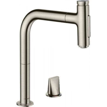 Hansgrohe 73818800 Metris Select M71 Смеситель для кухни 208 мм, на 2 отв.,2 реж., выдвижной изли сталь