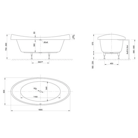 Knief Venice Fit Ванна встроенная 180x83x74см с ножками (перелив щелевой), без слива-перелива, цвет: белый (продается со сливом 0100-091-06)