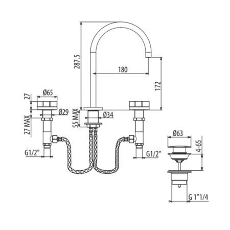 Gattoni GAS Смеситель для раковины, на 3 отв., в комплекте с донным клапаном, цвет: Oro rossa