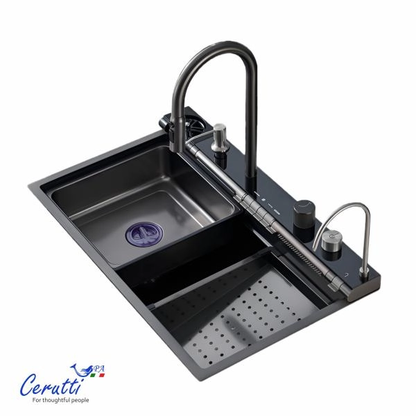 Многофункциональная кухонная мойка CeruttiSPA ГЛОРИЯ (GLORIA) Pro nano black (графит) из нержавеющей стали (750х460х230)