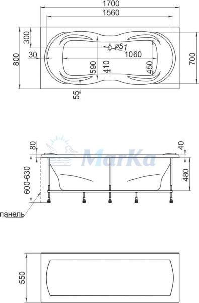 Ванна 1Marka DINAMIKA 170x80 см без гидромассажа