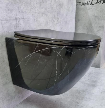 Унитаз Ceramalux 2212BM подвесной безободковый сиденье микролифт черный мрамор 490x370x360