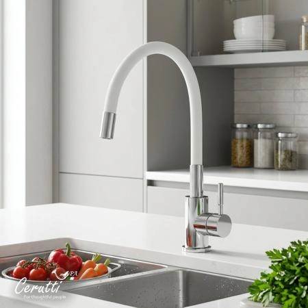Cмеситель для кухни CeruttiSPA АТЭНА H-W (ATENA H-W) из нержавеющей стали, цвет хром, излив белый