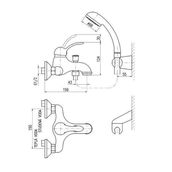 Смеситель Rav Slezak LABE L054.5/2 для ванны, цвет Хром с душем, подвижный держат.