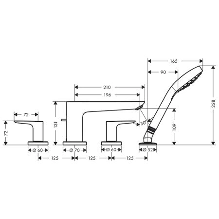 Hansgrohe Talis E Смеситель на борт ванны, на 4 отв, с ручным душем, излив 196мм, цвет: шлифованный черный хром