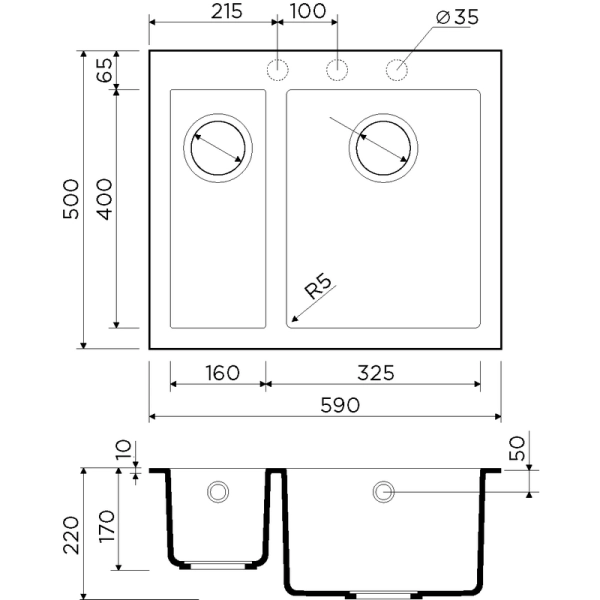 Кухонная мойка Omoikiri Bosen 59-2-WH 4993152, 590х500, белый