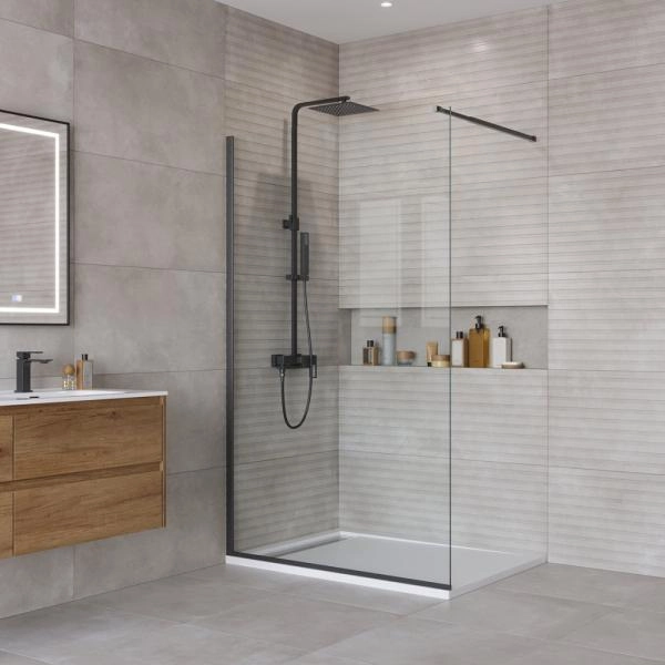 Душевая перегородка BelBagno KRAFT 90 прозрачное стекло 6 мм профиль черный матовый KRAFT-L-1-90-C-NERO