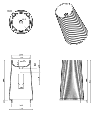 Раковина напольная Boheme рифленая Torre Corian 480*480*850 Matt White 801-Torre-MW