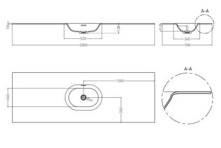 Раковина Salini ONDA FLOW OVAL S-Stone матовая 200x70 1402204MN столешница без отв.смесителя