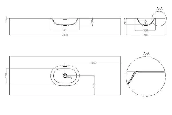 Раковина Salini ONDA FLOW OVAL S-Stone матовая 200x70 1402204MN столешница без отв.смесителя