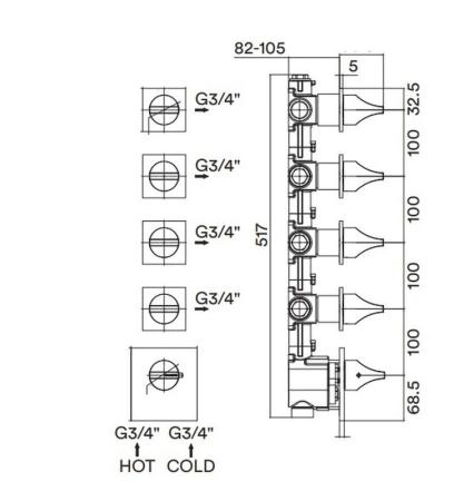 Скрытая часть с девиатором для термостата HighFlow Bossini Outlets Z030275000 на 5 выходов