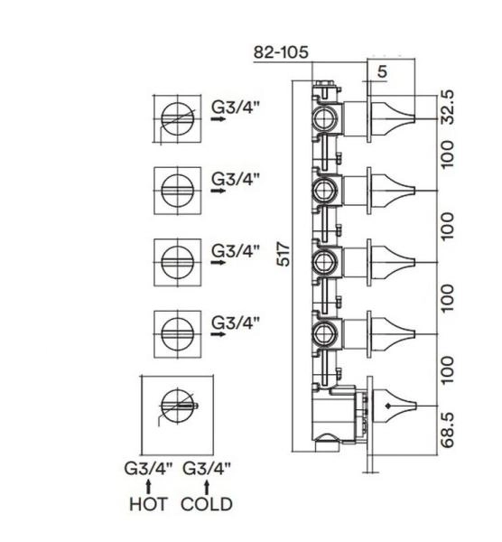 Скрытая часть с девиатором для термостата HighFlow Bossini Outlets Z030275000 на 5 выходов