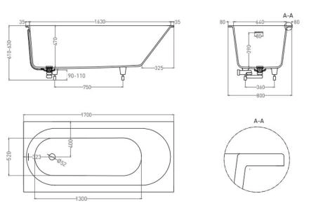 Ванна Salini ORNELLA 170х80 KIT S-Sense покраска RAL глянцевая 102414GF