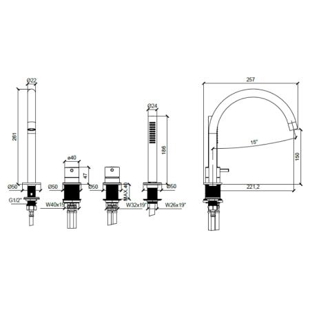 Almar Mixers Смеситель на борт ванны, 4 отв., с ручным душем, цвет: черный металл брашированный PVD