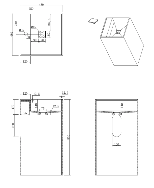 Раковина напольная Boheme Cube Corian 480*480*850 Nero Marquina 802-NM