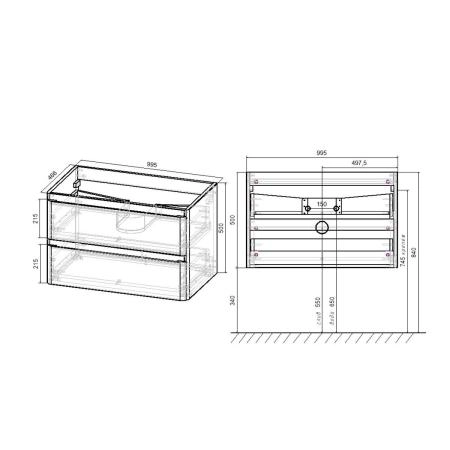 Тумба под раковину Vincea Vico 1000 подвесная, 2 выкатных ящика soft close, Beton
