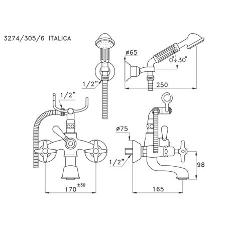 Stella Italica Смеситель для ванны 3274/305/6 с ручным душем, цвет: хром
