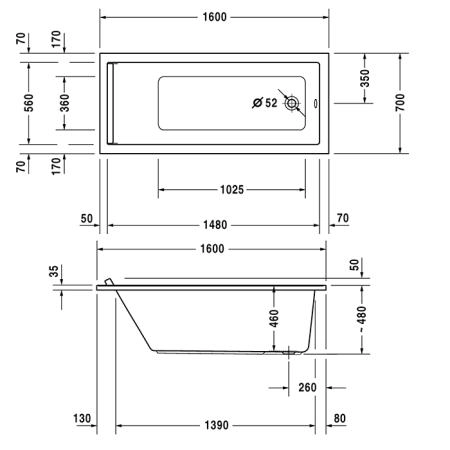 Duravit Starck Ванна 160x70х48см., встраиваемая, акрил, цвет: белый