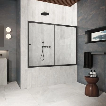 Шторка на ванную Vegas-glass ZV Protec 150 02М 01, профиль черный матовый, стекло прозрачное