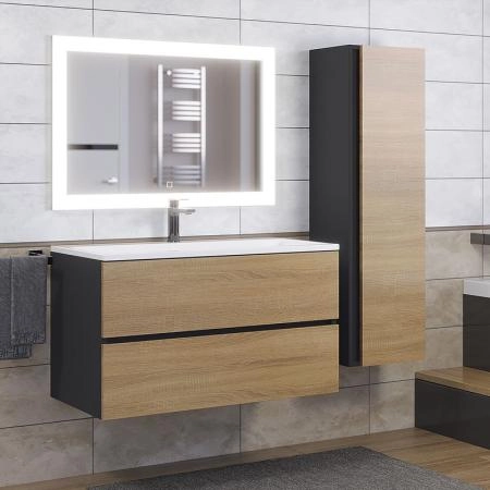 Тумба с раковиной Uperwood Barsa 90 см, раковина белая, подвесная тумба черная/дуб сонома