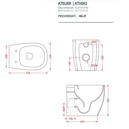 Artceram Atelier Унитаз напольный, 52х37хh42см, безободковый, слив универсальный, с крепежом, цвет: черный матовый
