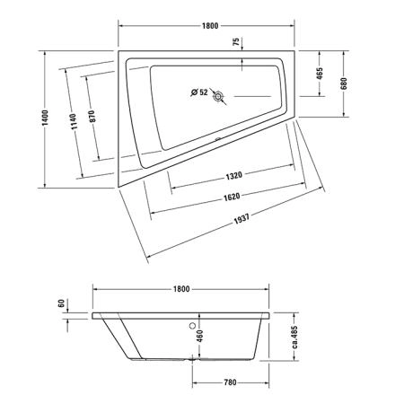 Duravit Paiova Ванна встраиваемая 180x140х48.5см, с наклоном для спины слева, цвет: белый