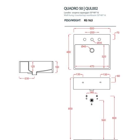 Artceram Quadro Раковина 50х48 см, 1 отв., с переливом, цвет: белый глянцевый, декор: Cementina
