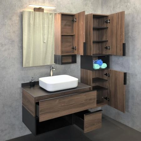 Тумба с раковиной Comforty Штутгарт-90 00-00002868 Дуб тёмно-коричневый с черной столешницей c раковиной COMFORTY T-Y9378