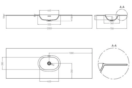 Раковина Salini ONDA EDGE OVAL S-Stone RAL полностью матовая 200x70 14022041MNF столешница без отв.смесителя