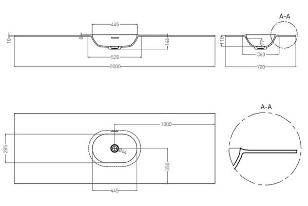 Раковина Salini ONDA EDGE OVAL S-Stone RAL полностью матовая 200x70 14022041MNF столешница без отв.смесителя