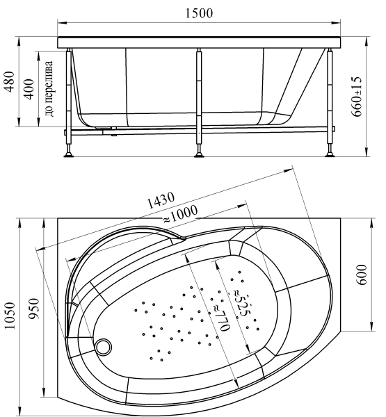 Акриловая ванна Монти 150х105 (левосторонняя), каркас