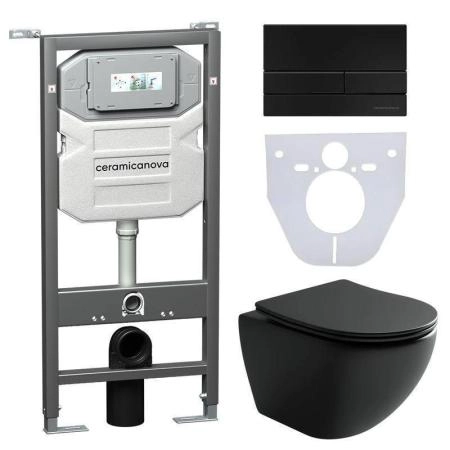 Сет 4 в 1: Подвесной унитаз Metropol Rimless арт. CN4002MB + Шумоизоляционная панель для инсталляции арт. CN1000 + Система инсталляции для унитазов CERAMICANOVA Envision с кнопкой смыва Flat цвет черный матовый, креплениями, арт. CN1002B