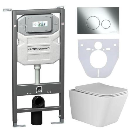 Сет 4 в 1: Подвесной унитаз Metric Rimless арт. CN3007 + Шумоизоляционная панель для инсталляции арт. CN1000 + Система инсталляции для унитазов CERAMICANOVA Envision с кнопкой смыва Round цвет хром и креплениями, арт. CN1001CH