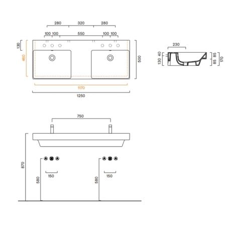 Catalano Zero Раковина 125x50см двойная, без отв., цвет: белый глянцевый